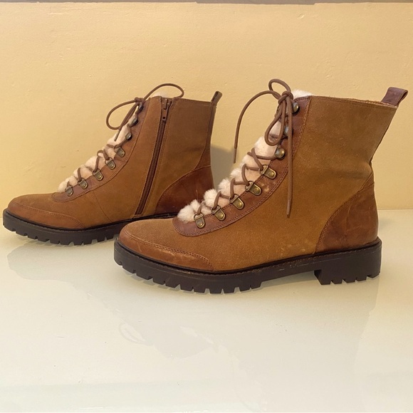 Lucky Brand Two-Tone Brown  Leather/ Wool Ankle Walking Boots Platform Size 91/2 - Picture 4 of 12